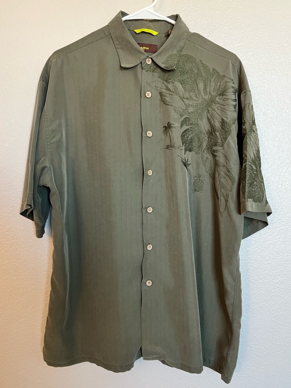 Havana Nines Embroidered Leaf Button Down Shirt Mens Olive Green Tropical Size L